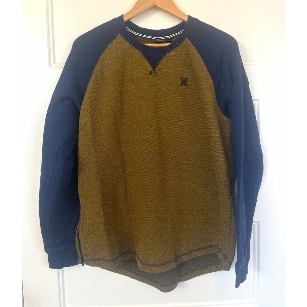 Hurley Men's Brown Blue Colorblock Raglan Logo Crew Neck Long Sleeve T-Shirt L